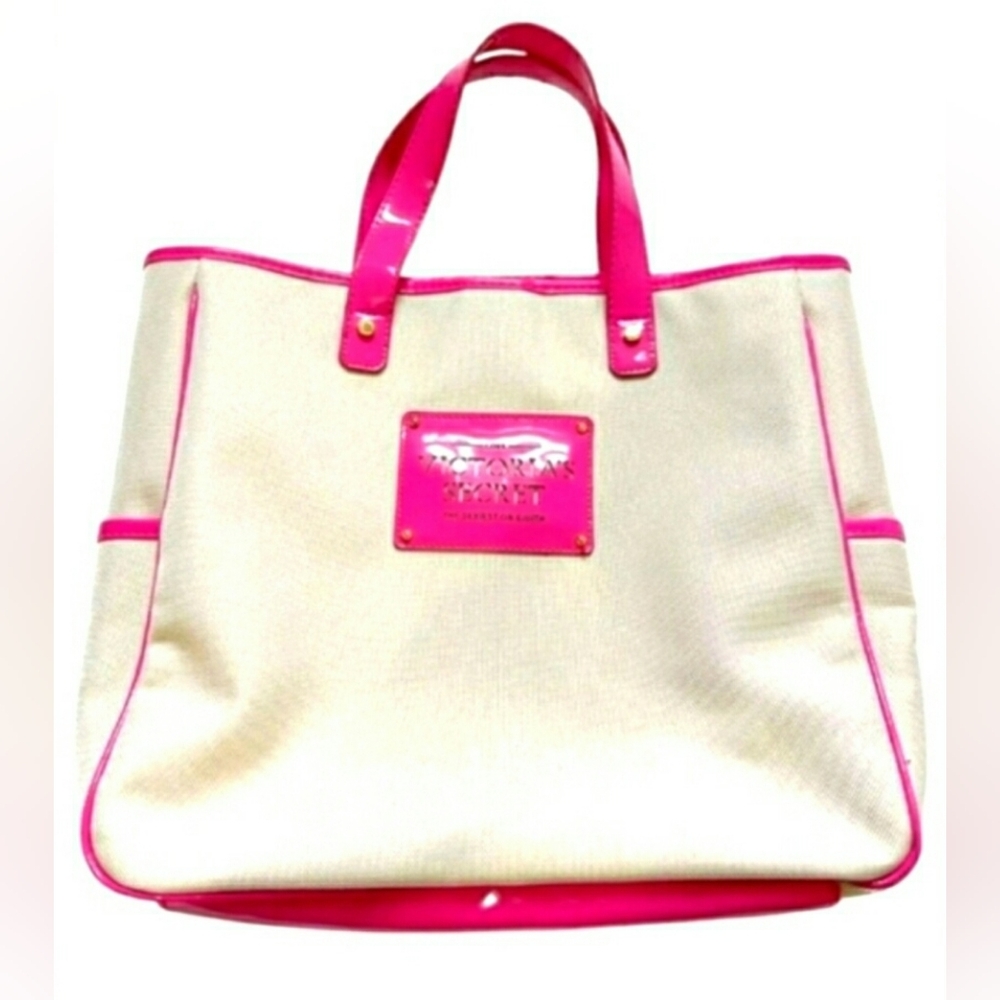 Victoria's Secret Pink Patent Leather & Cream Canvas Large Tote Bag Purse Beach - Picture 9 of 12